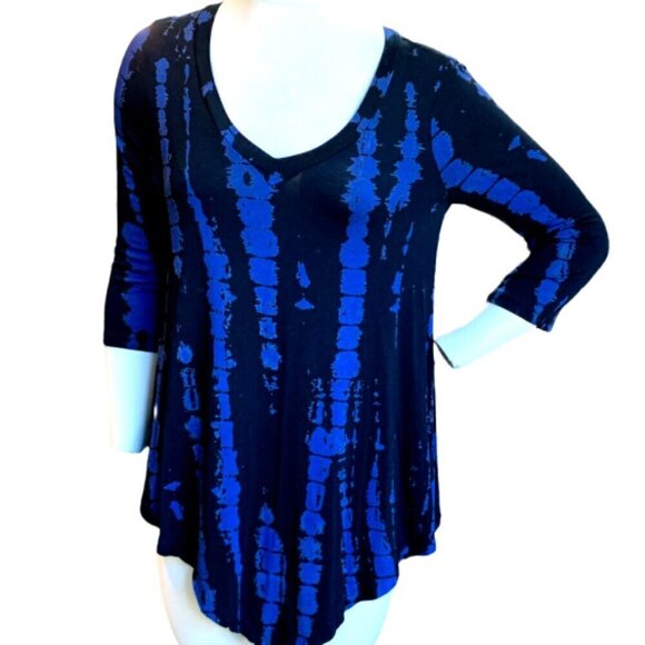 French Blue Asymmetric Hem V Neck Tunic Tee Top Blue & Black Sz S #34B - Picture 1 of 6